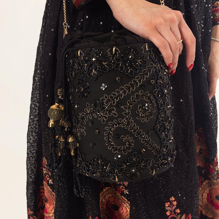 Black Bucket Bag With Hand embroidery