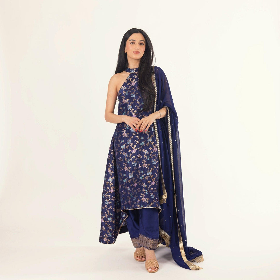 Lazuli Blue Banarasi Silk Salwar Kameez Set with Halter Neck