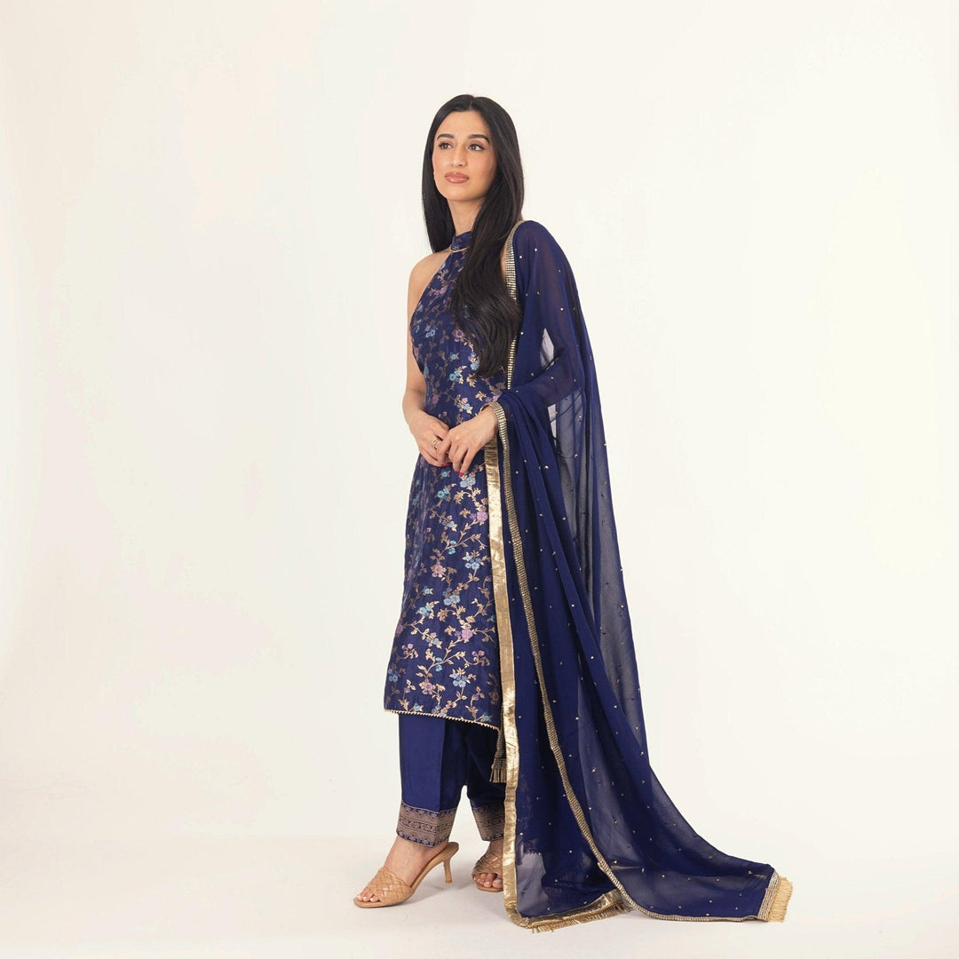 Lazuli Blue Banarasi Silk Salwar Kameez Set with Halter Neck