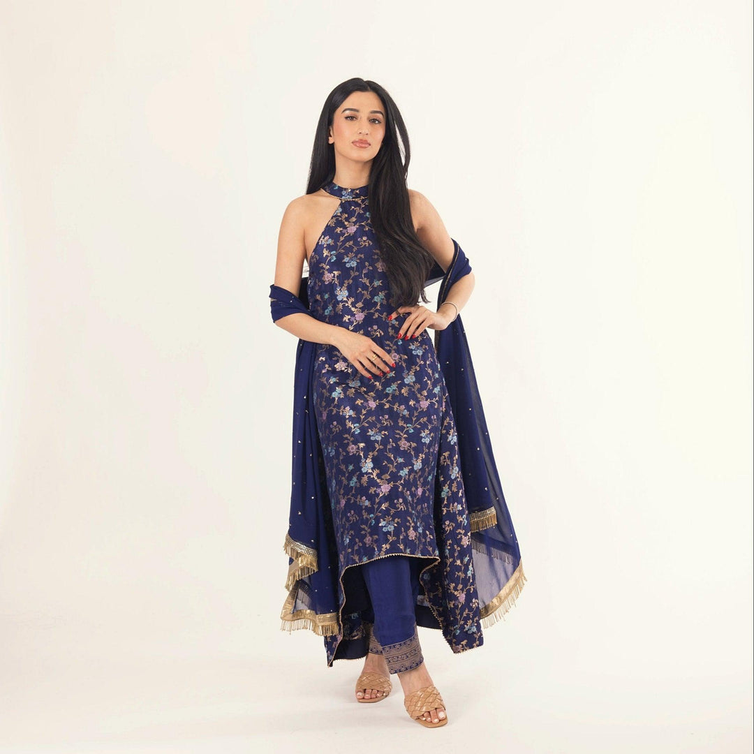 Lazuli Blue Salwar Kameez Set with Halter Neck