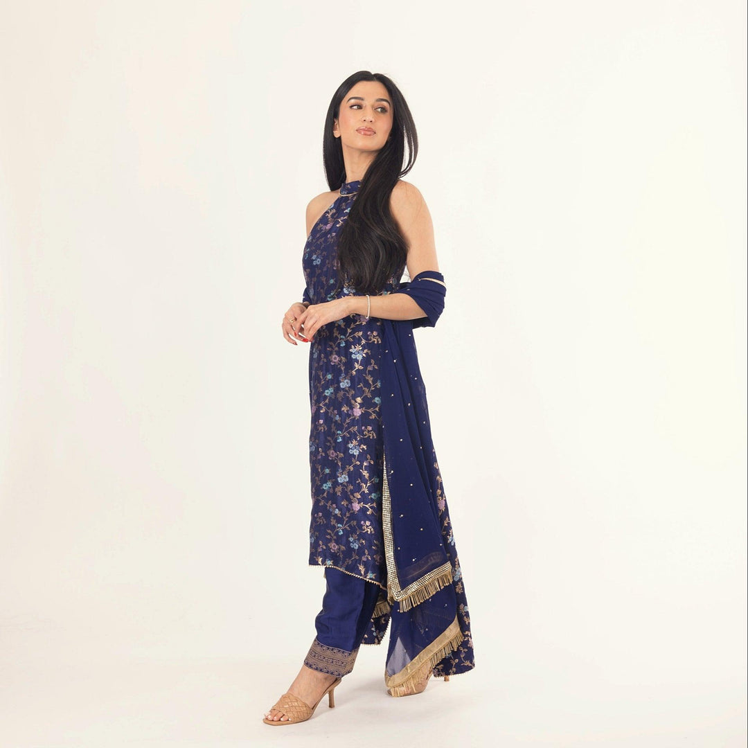 Lazuli Blue Salwar Kameez Set with Halter Neck