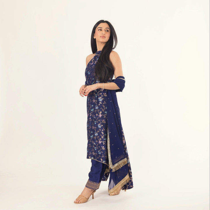 Lazuli Blue Banarasi Silk Salwar Kameez Set with Halter Neck