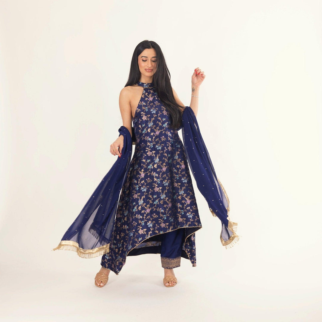 Lazuli Blue Salwar Kameez Set with Halter Neck