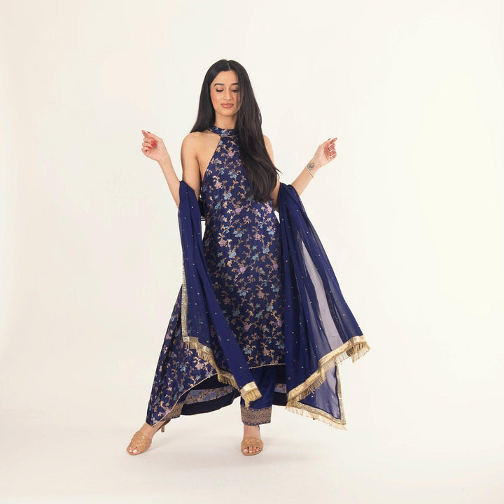 Lazuli Blue Salwar Kameez Set with Halter Neck