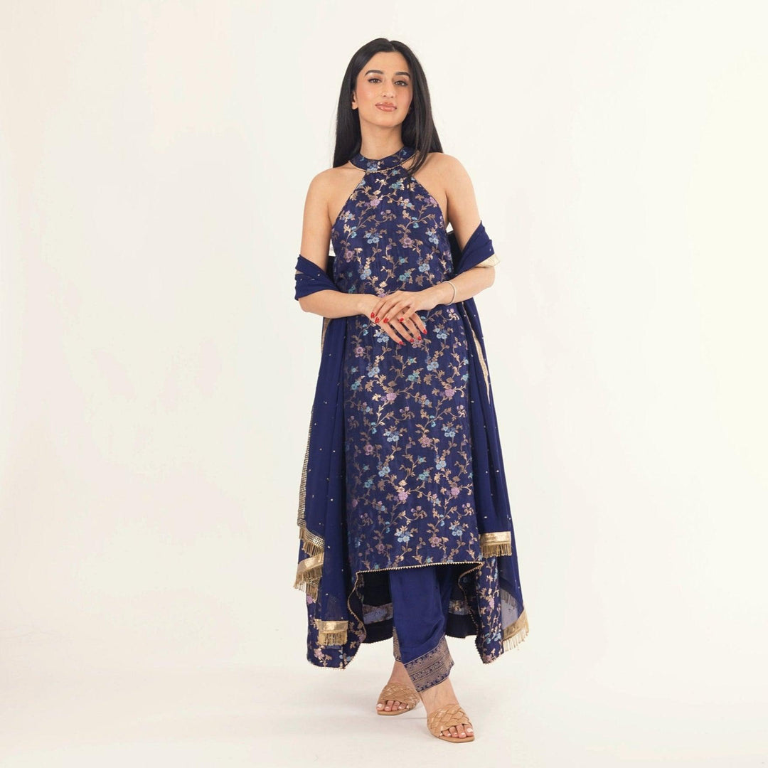 Lazuli Blue Banarasi Silk Salwar Kameez Set with Halter Neck