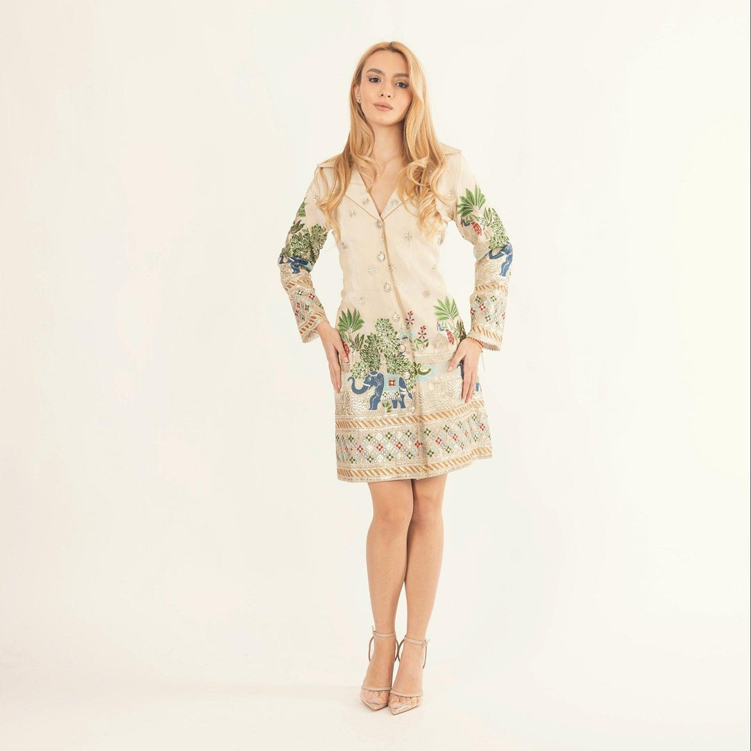 Ecrina Beige Blazer Dress with Embroidery