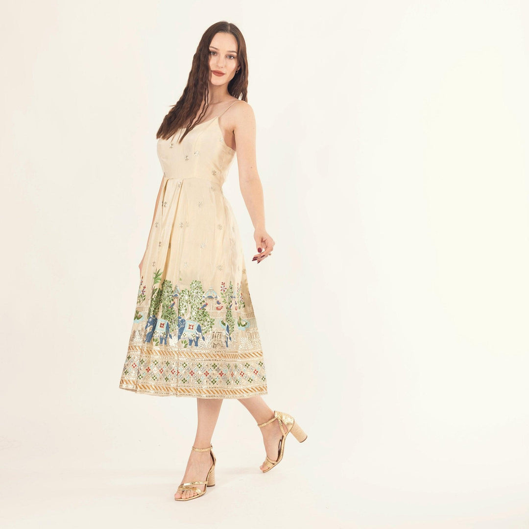 Blanche Beige Midi Dress with Embroidery