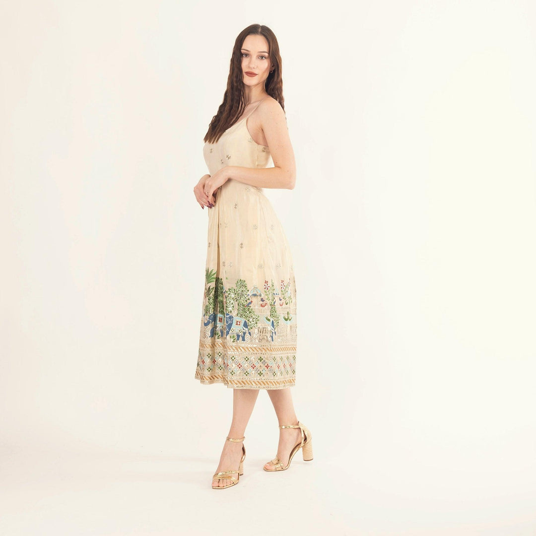 Blanche Beige Midi Dress with Embroidery