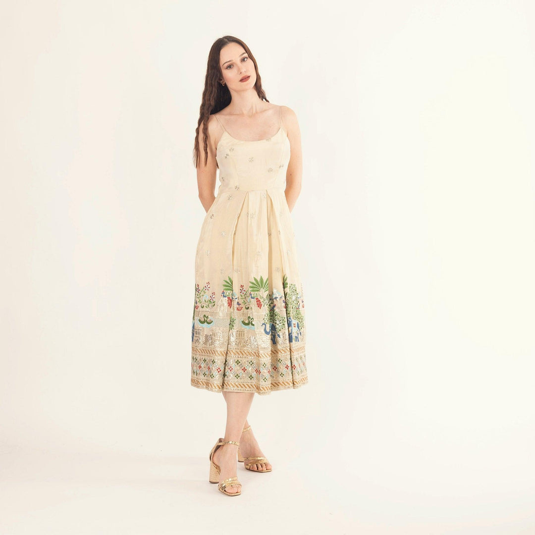 Blanche Beige Midi Dress with Embroidery