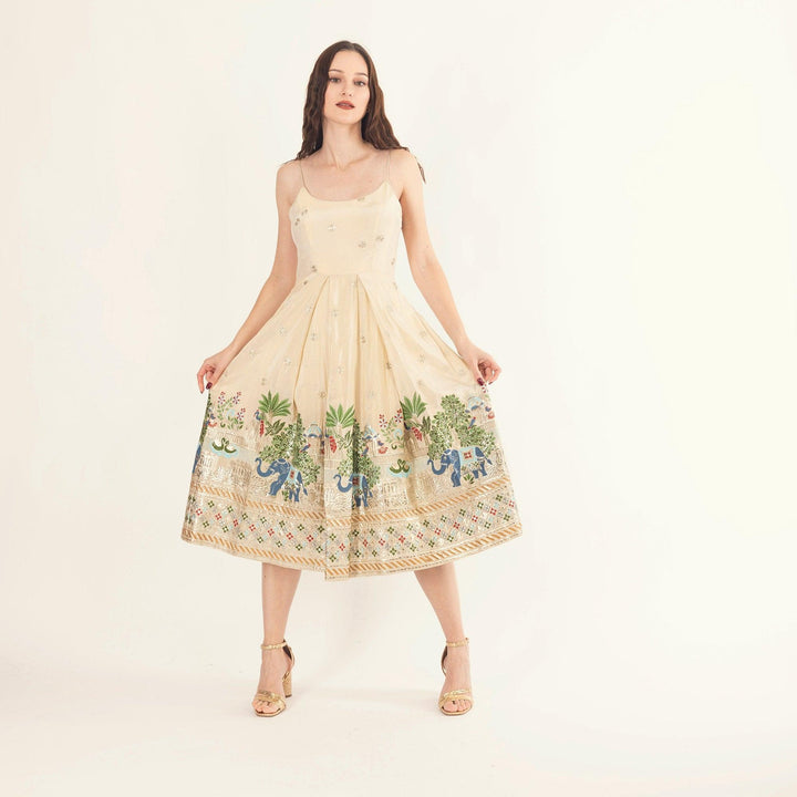 Blanche Beige Midi Dress with Embroidery