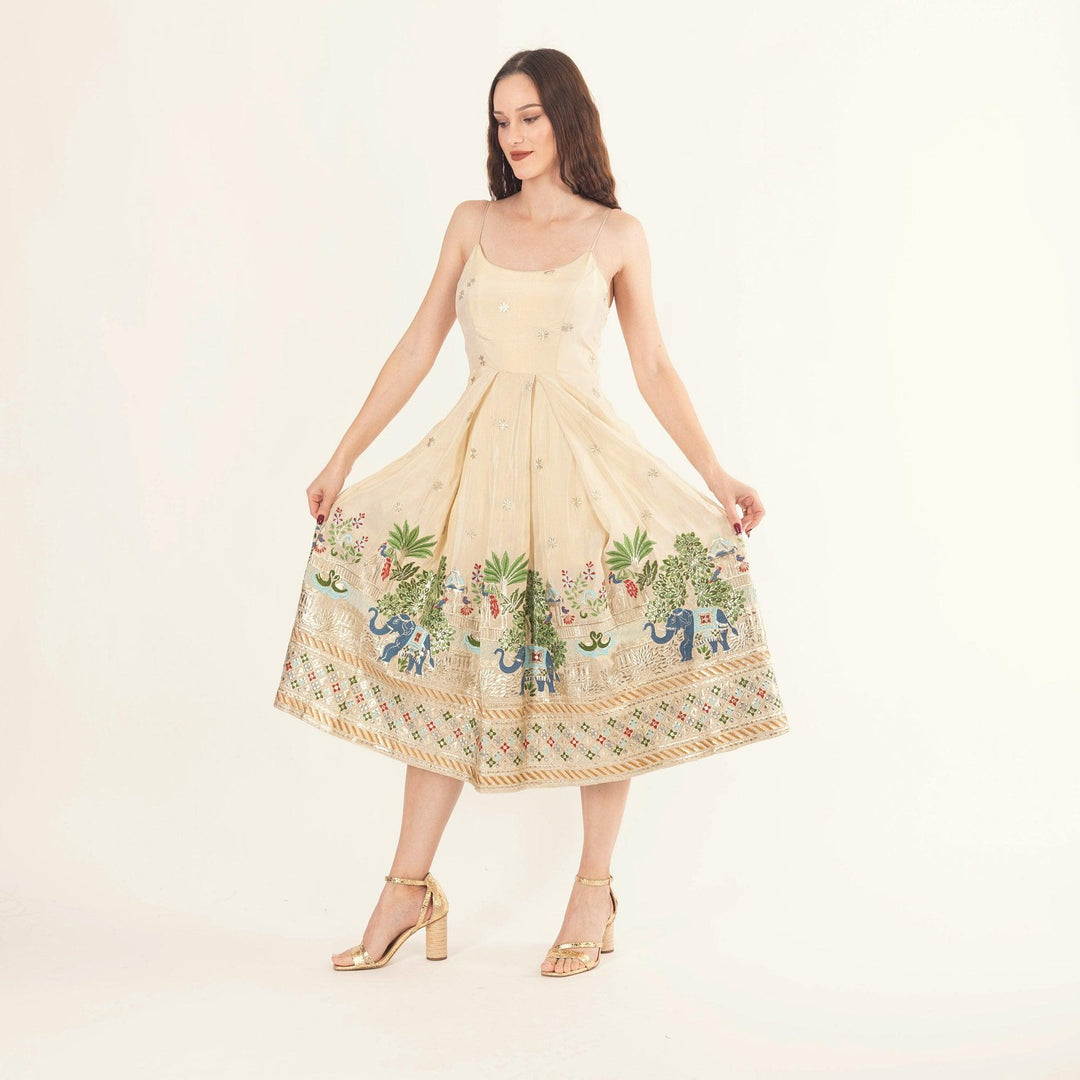 Blanche Beige Midi Dress with Embroidery