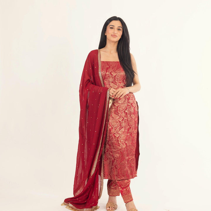 Coraline Jacquard Silk Red Salwar Kameez Set