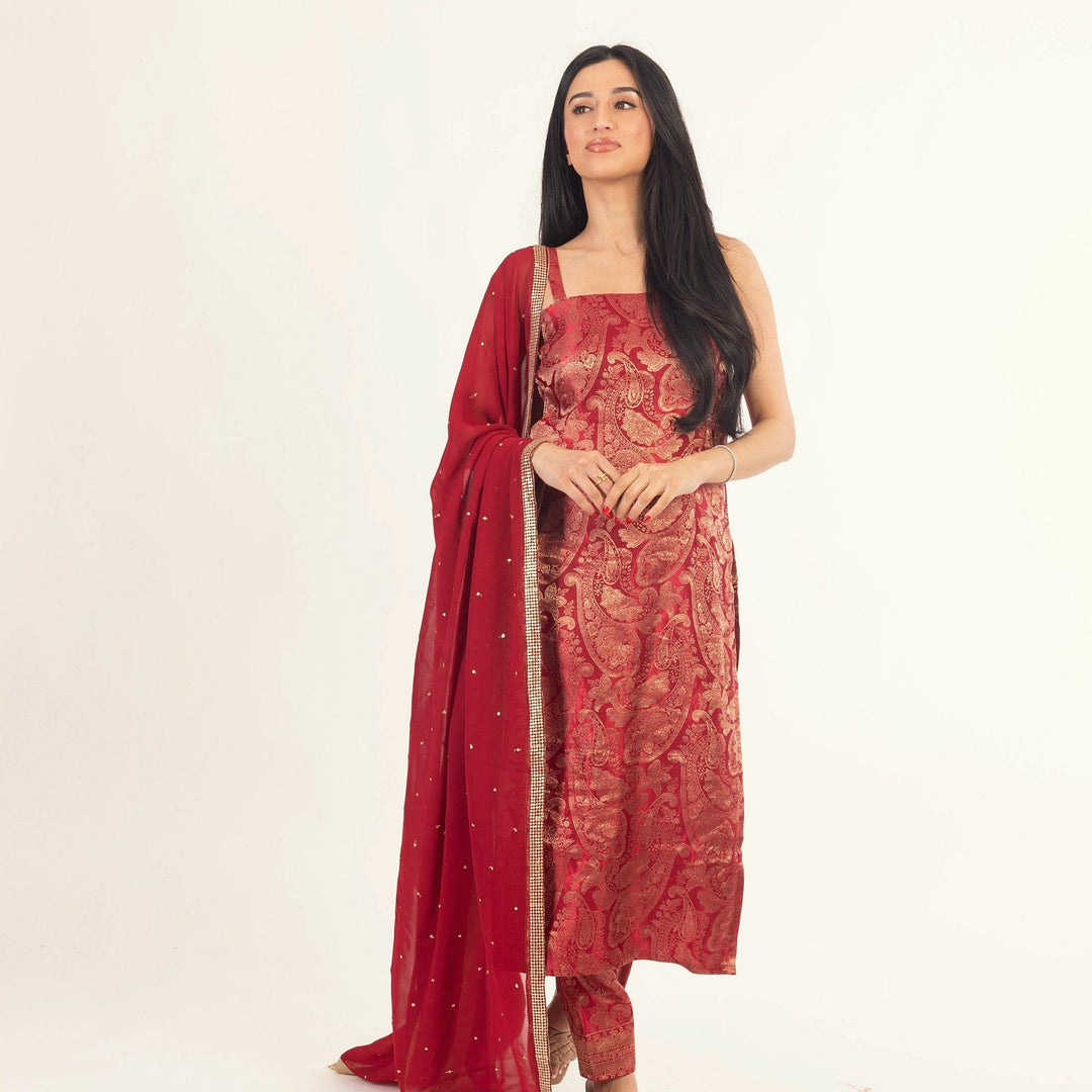 Coraline Jacquard Silk Red Salwar Kameez Set