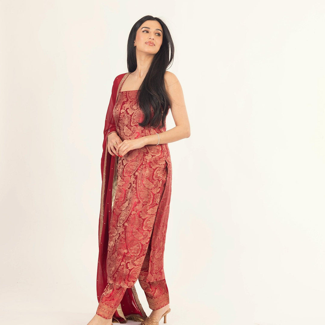 Coraline Jacquard Silk Red Salwar Kameez Set