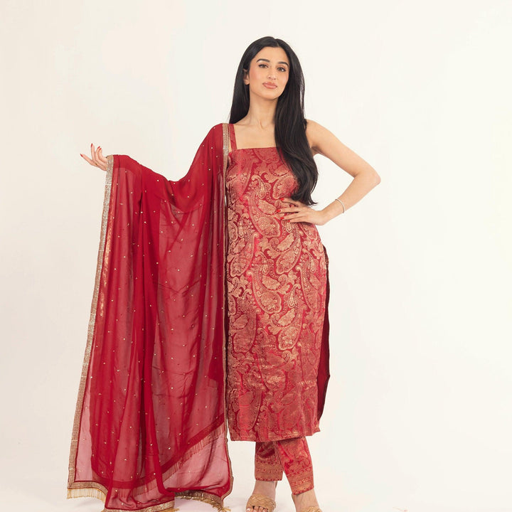 Coraline Jacquard Silk Red Salwar Kameez Set