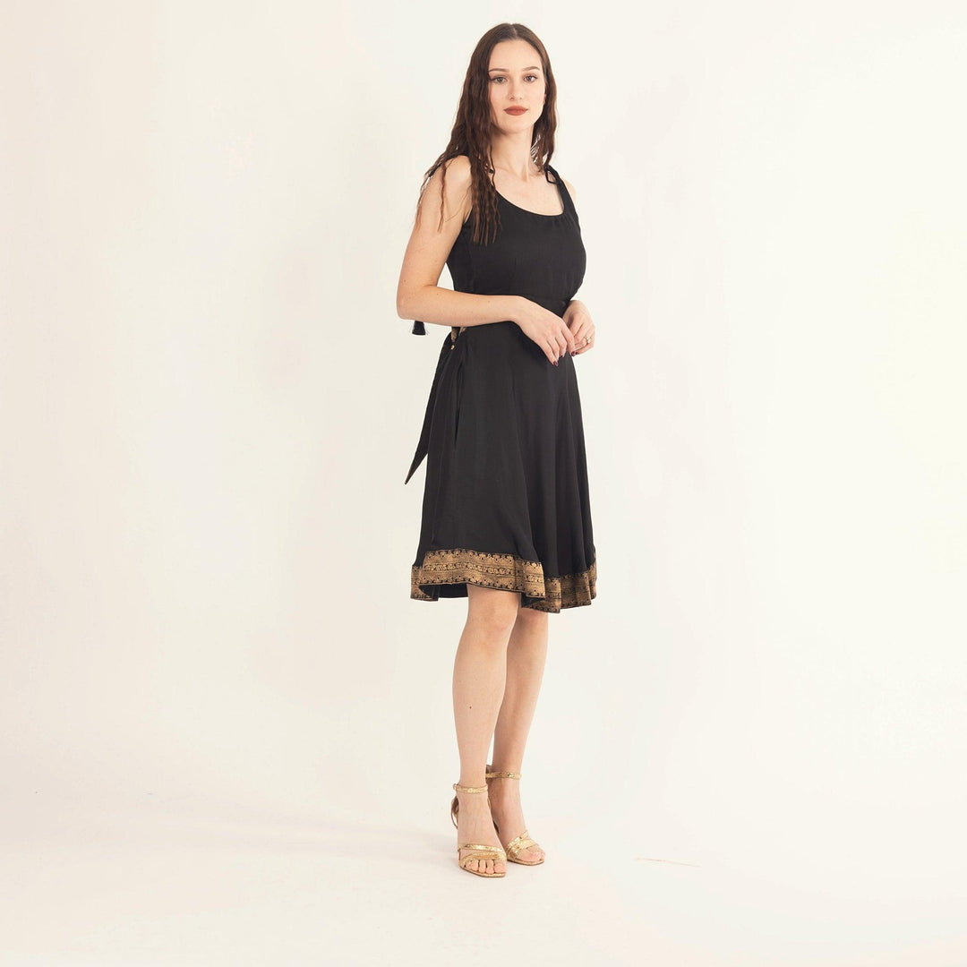 Zila Black Mini Dress with Banarasi Silk Hem