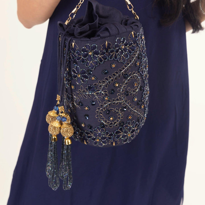 Blue Bucket Bag With Hand embroidery