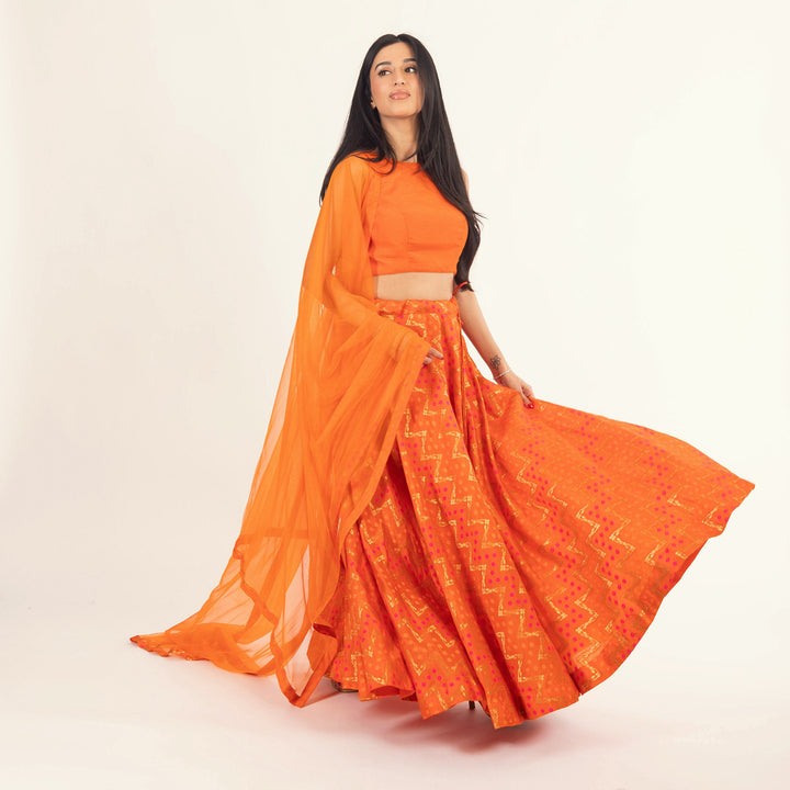 Juniper Clementine Orange Lehenga with Tie Back Blouse