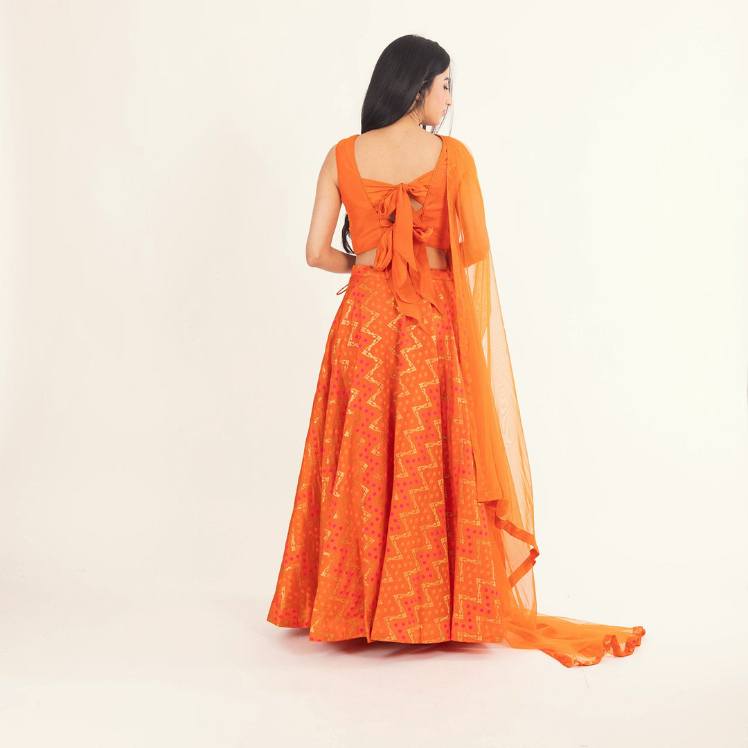 Juniper Clementine Orange Lehenga with Tie Back Blouse