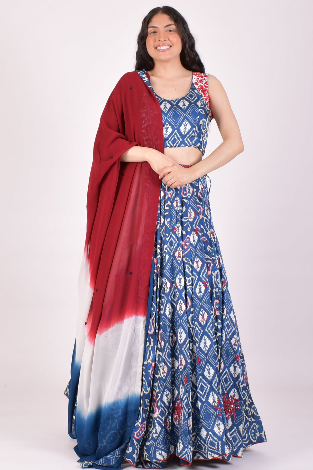 Blue Bandhej Embroidered Chaniya Choli