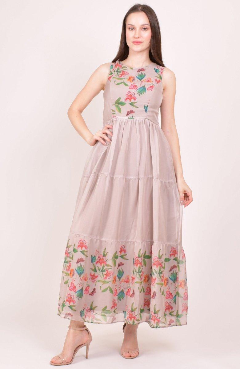 Blush Floral Printed Organza Tiered Maxi Dress