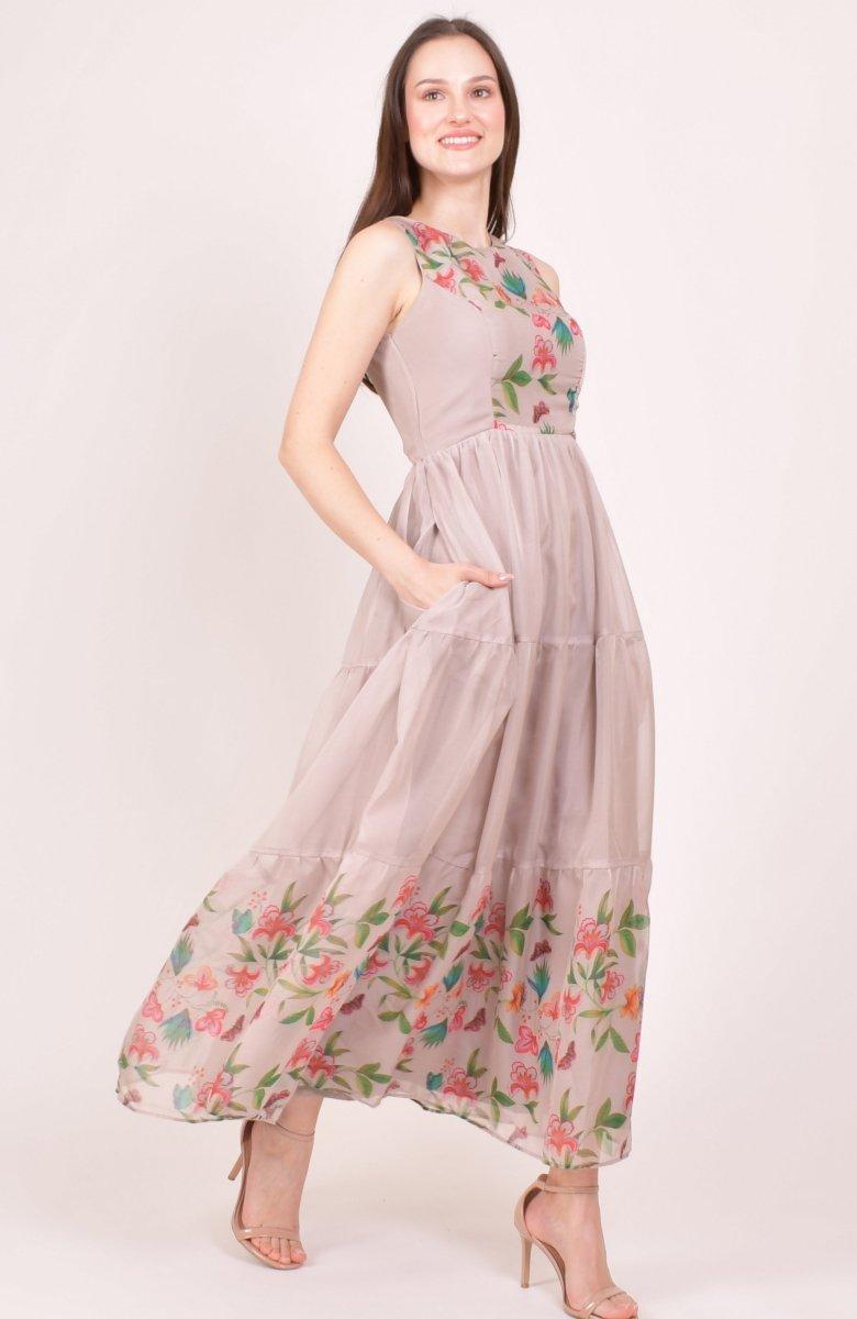 Blush Floral Printed Organza Tiered Maxi Dress