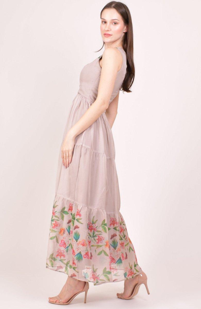 Blush Floral Printed Organza Tiered Maxi Dress