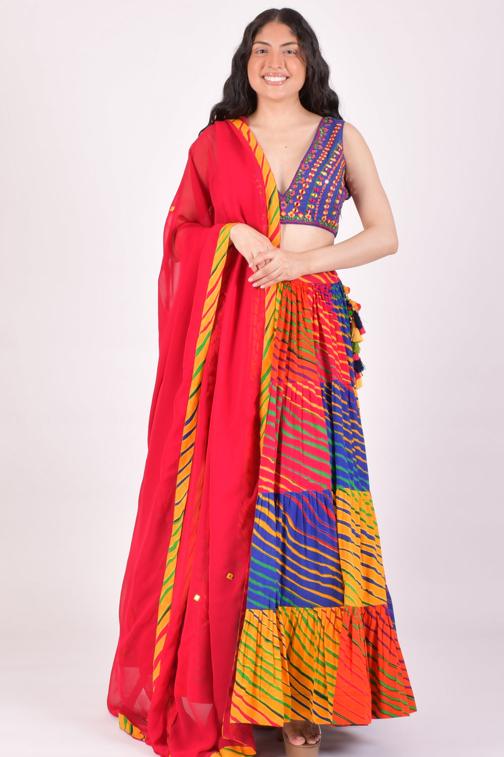 Multicolor Leheriya Tiered Chaniya Choli With Dupatta