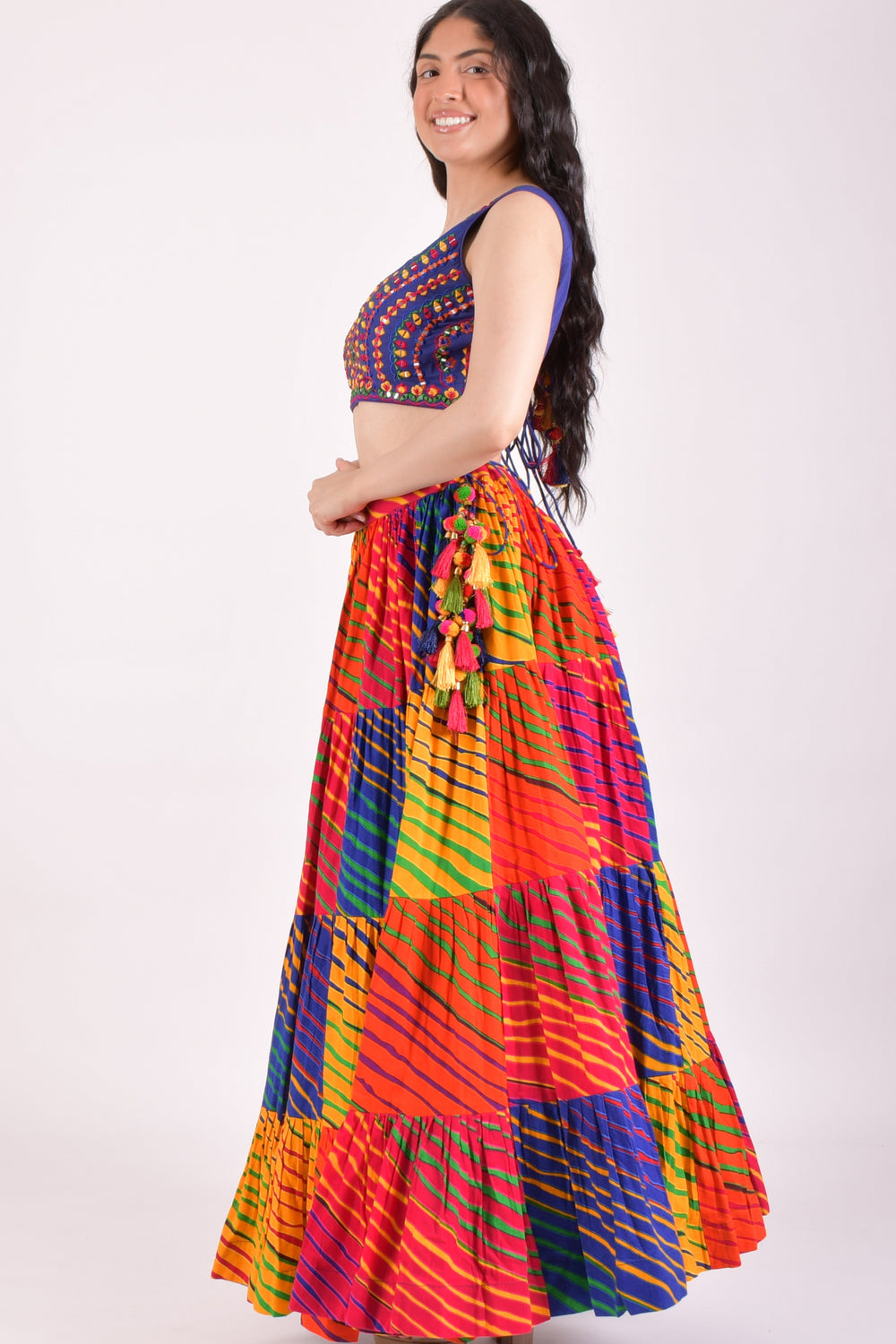 Multicolor Leheriya Tiered Chaniya Choli With Dupatta