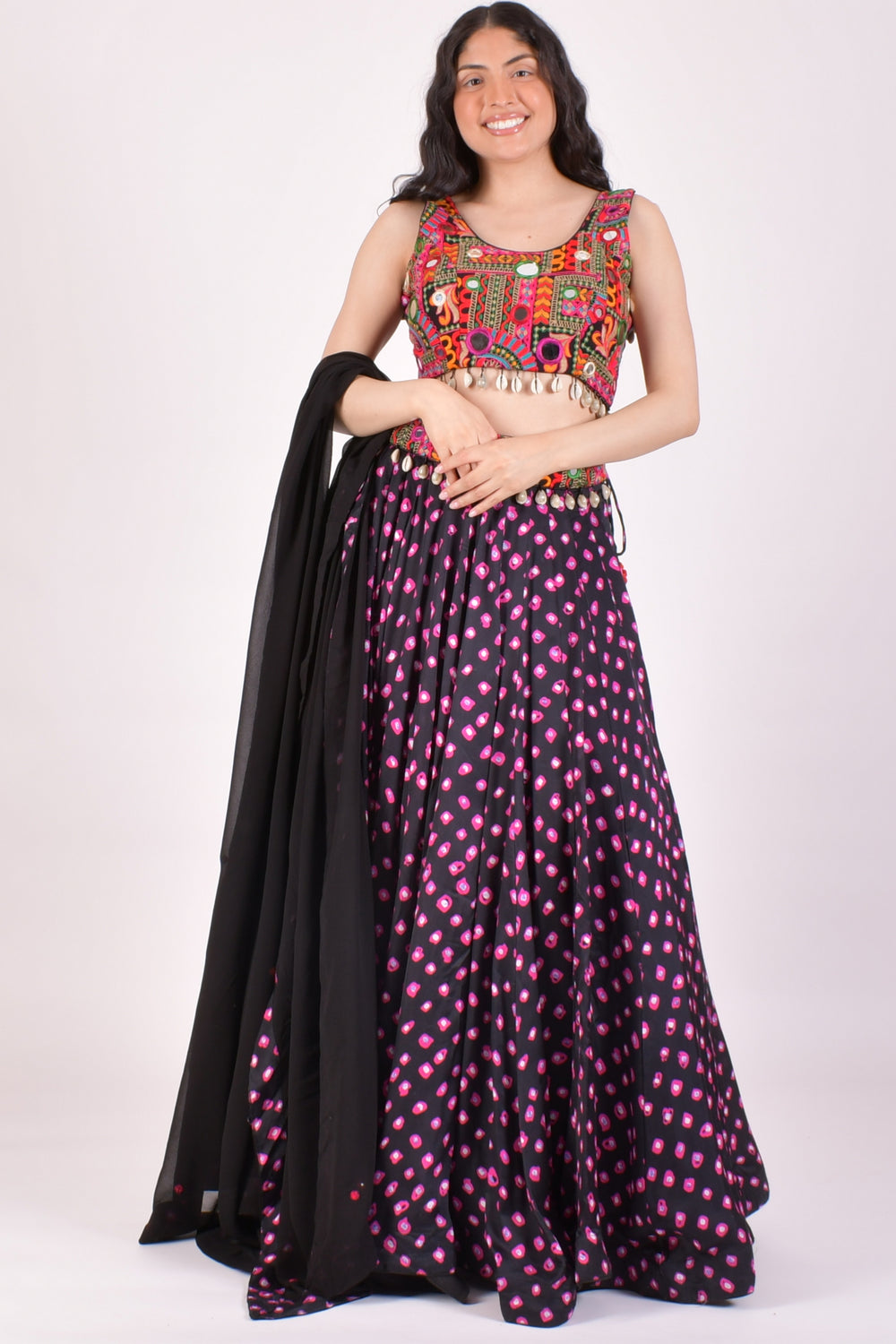 Black Bandhej Kutchi Chaniya Choli With Shells