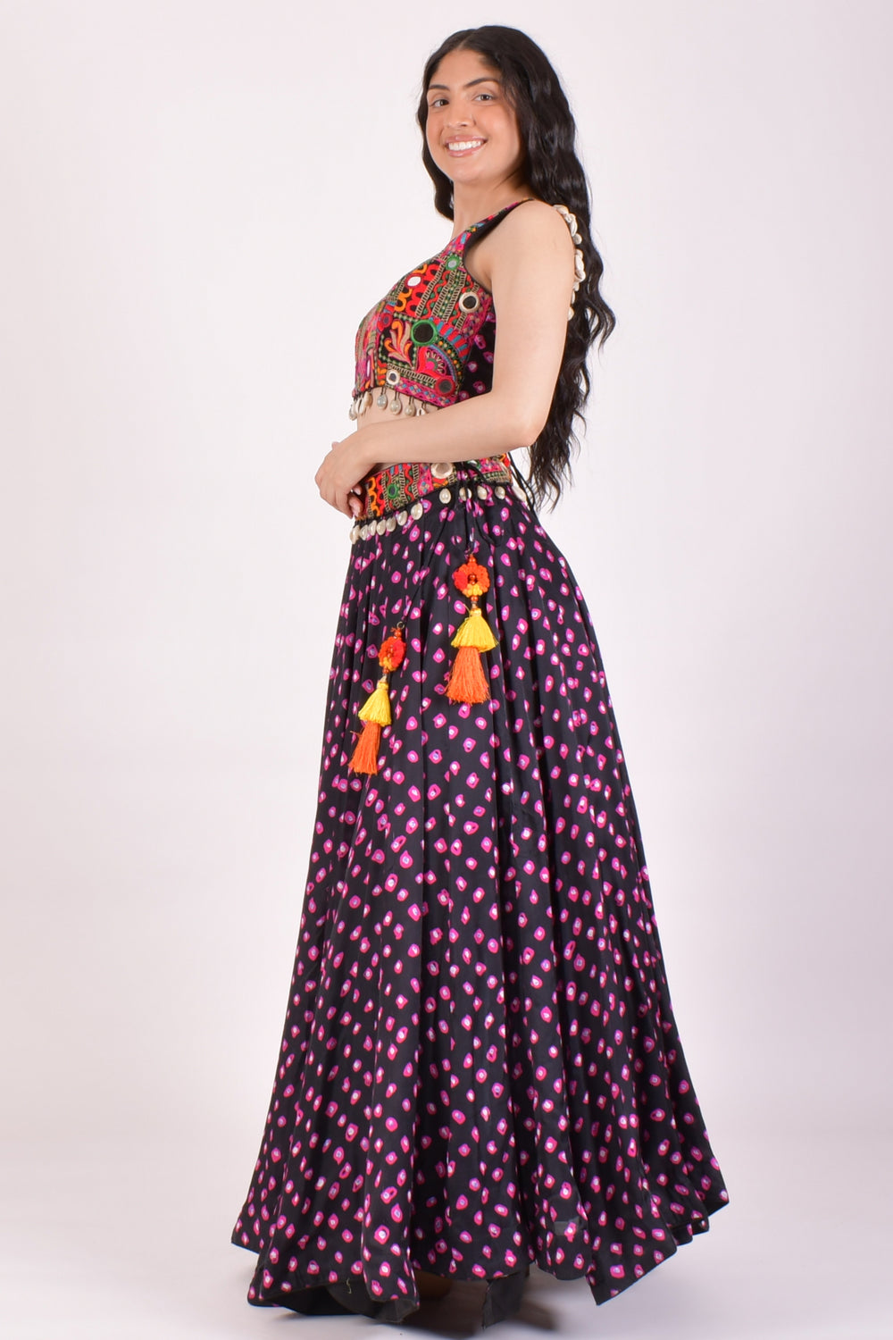 Black Bandhej Kutchi Chaniya Choli With Shells