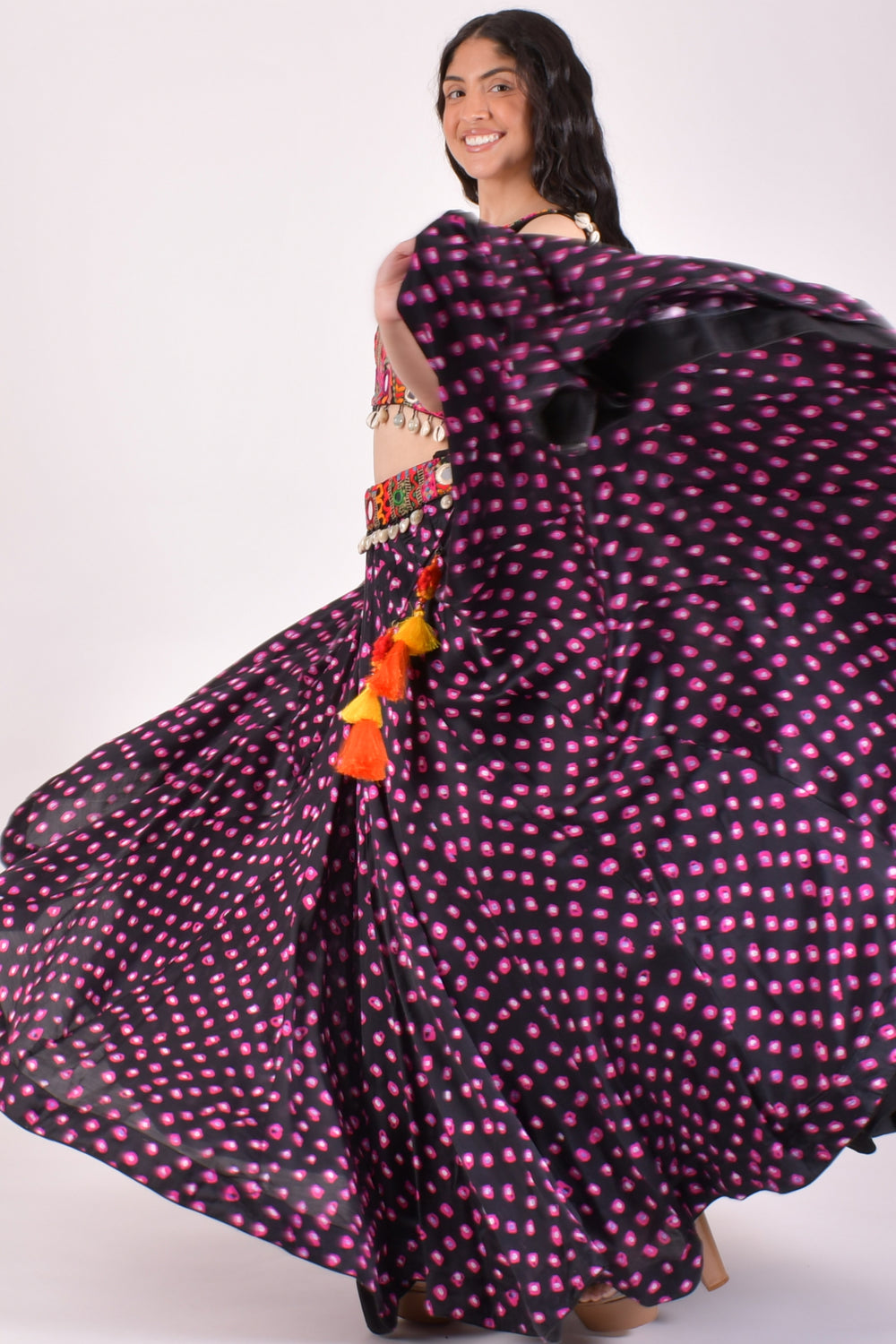 Black Bandhej Kutchi Chaniya Choli With Shells