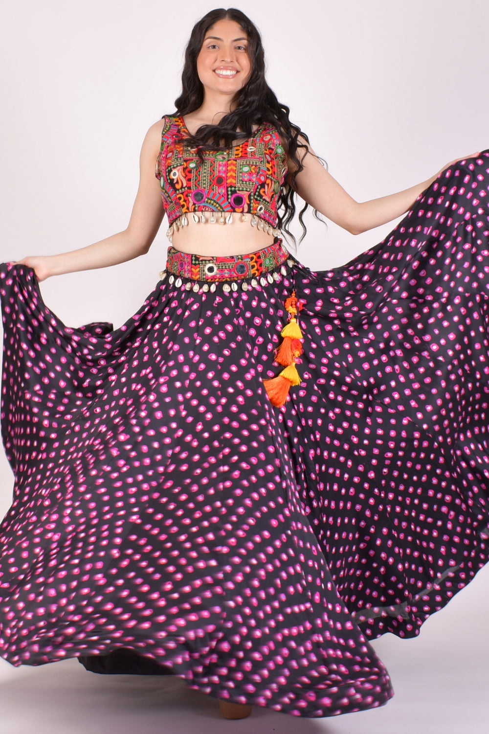 Black Bandhej Kutchi Chaniya Choli With Shells