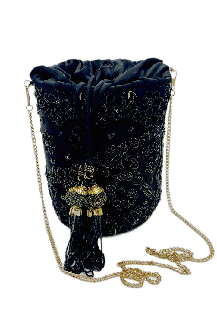 Embroidered Black & Gold Bucket Bag