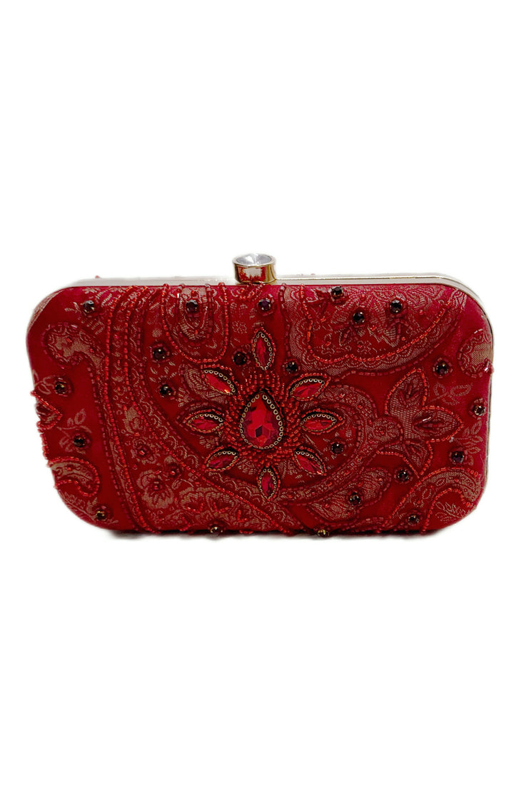 Pearl Hand Embroidered Red Clutch