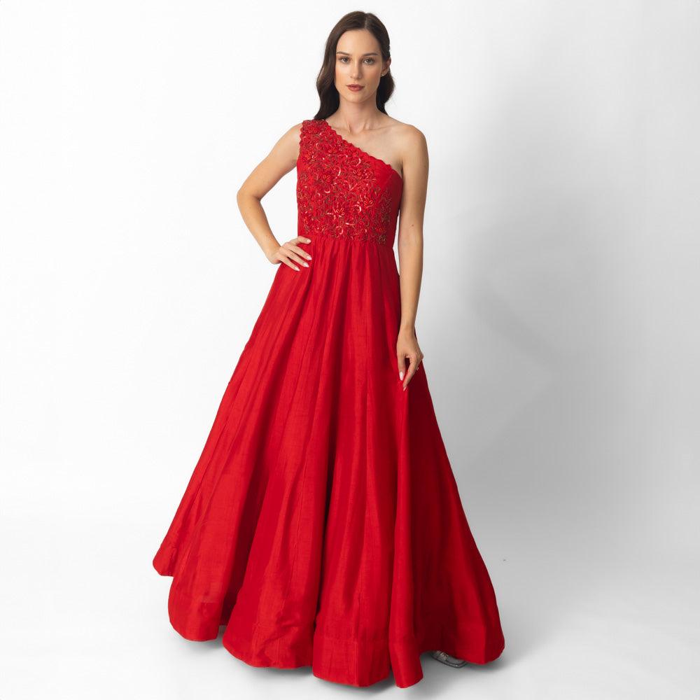 Raw Silk Red One Shoulder Gown-Raas USA