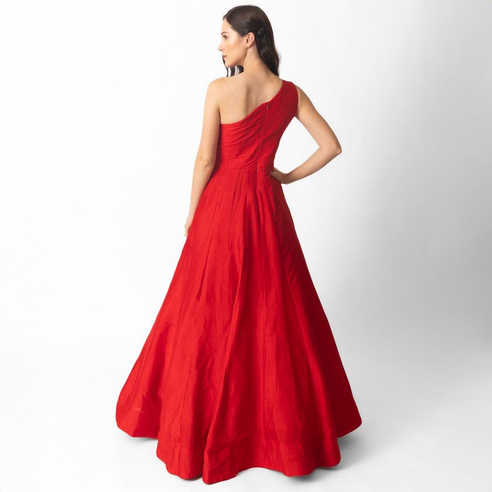 Raw Silk Red One Shoulder Gown-Raas USA