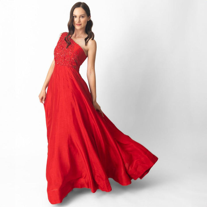 Raw Silk Red One Shoulder Gown-Raas USA