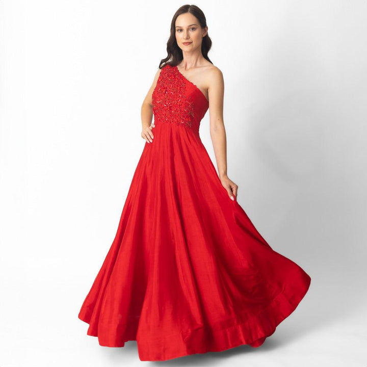 Raw Silk Red One Shoulder Gown-Raas USA