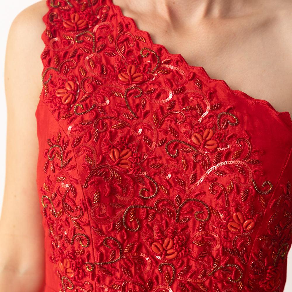 Raw Silk Red One Shoulder Gown-Raas USA