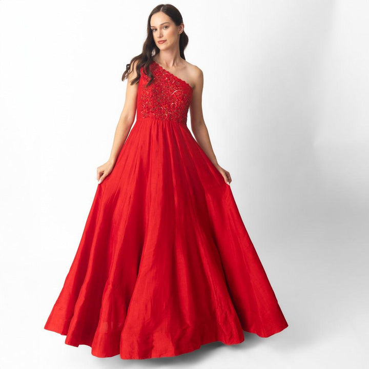 Raw Silk Red One Shoulder Gown-Raas USA