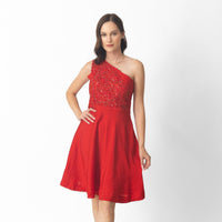 Red raw silk one-shoulder short dress with intricate hand embroidery on the torso.