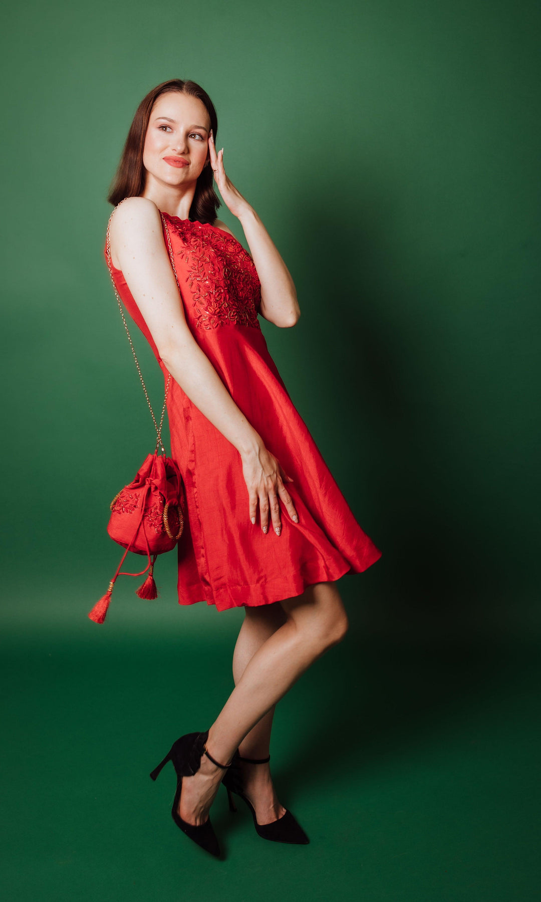 Raw Silk Red Short Dress-Raas USA