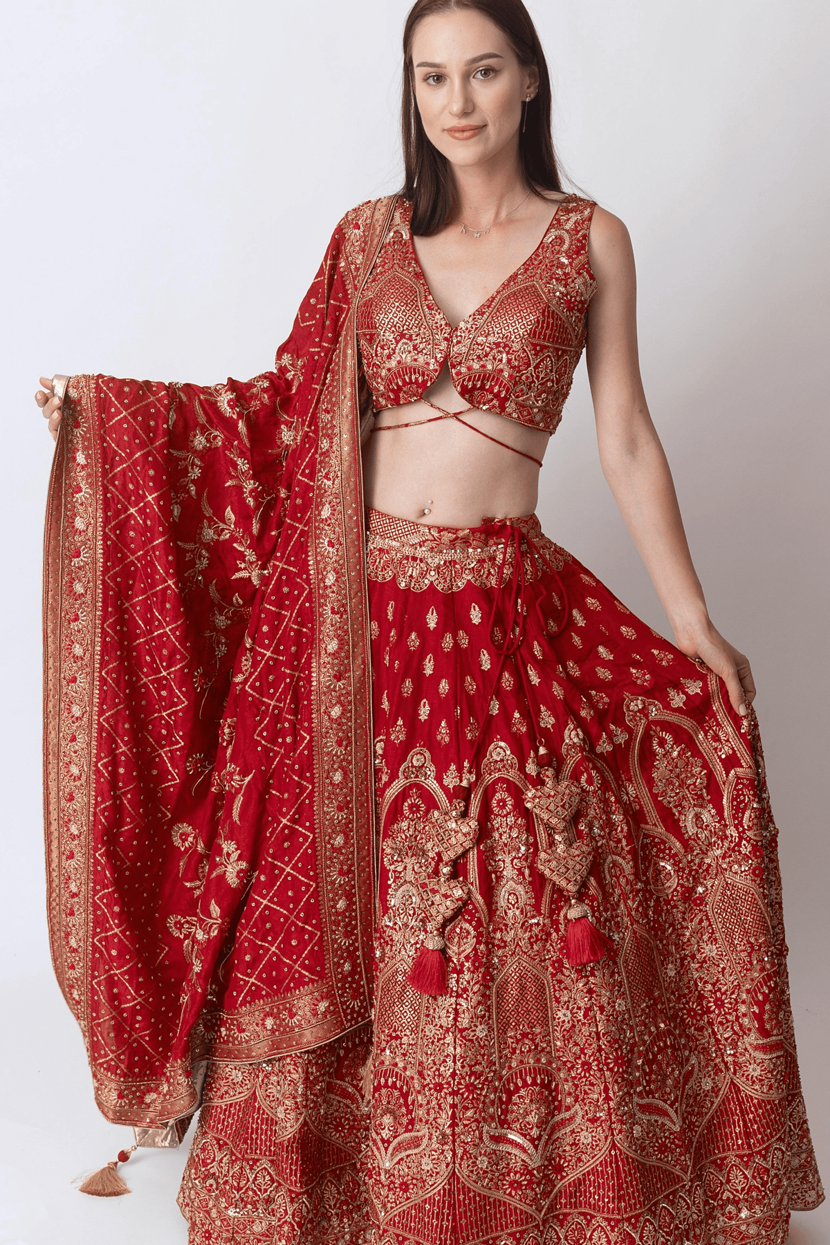Red Banarasi Silk Lehenga Choli Set with Hand Embroidery-[bridal_lehenga]-Raas