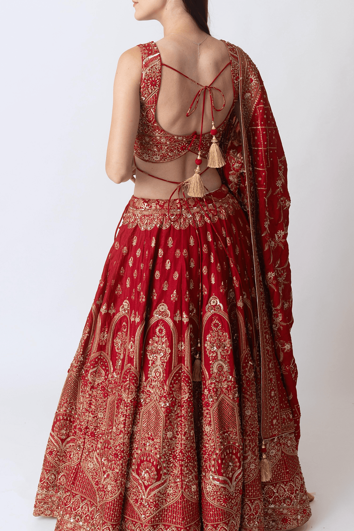 Red Banarasi Silk Lehenga Choli Set with Hand Embroidery-[bridal_lehenga]-Raas