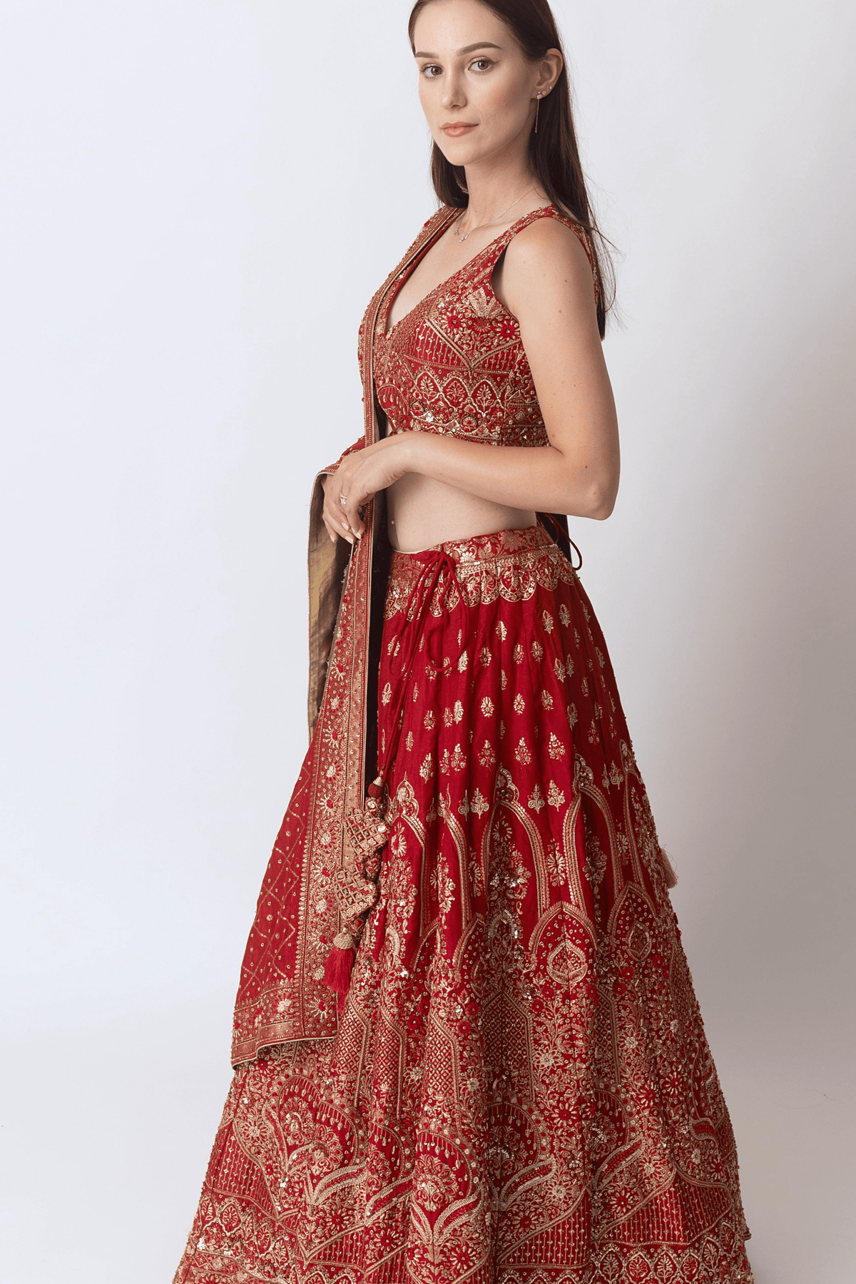 Red Banarasi Silk Lehenga Choli Set with Hand Embroidery-[bridal_lehenga]-Raas