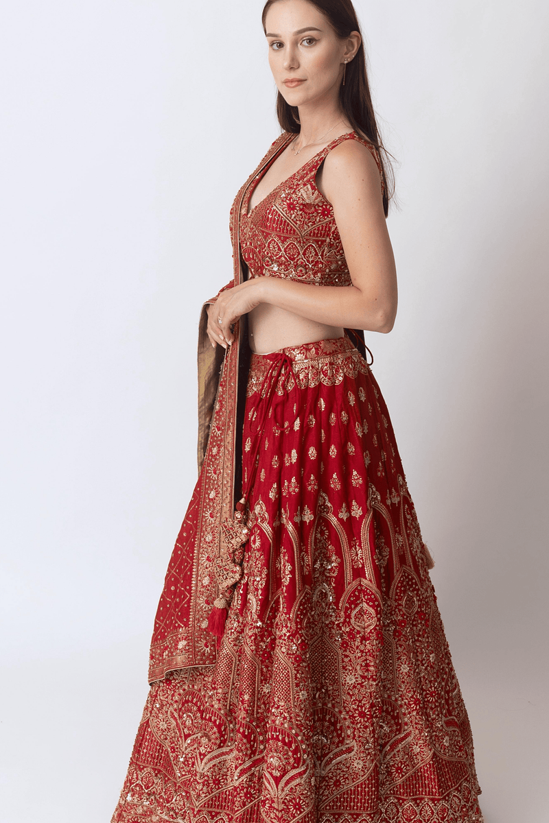 Red Banarasi Silk Lehenga Choli Set with Hand Embroidery-[bridal_lehenga]-Raas