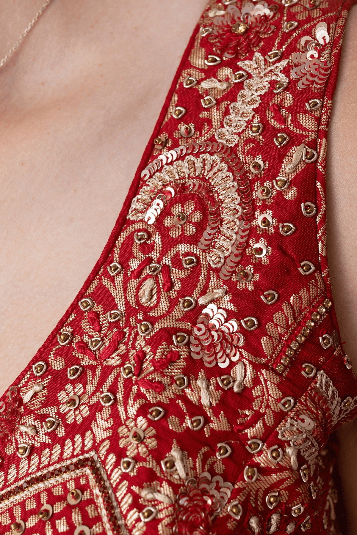 Red Banarasi Silk Lehenga Choli Set with Hand Embroidery-[bridal_lehenga]-Raas