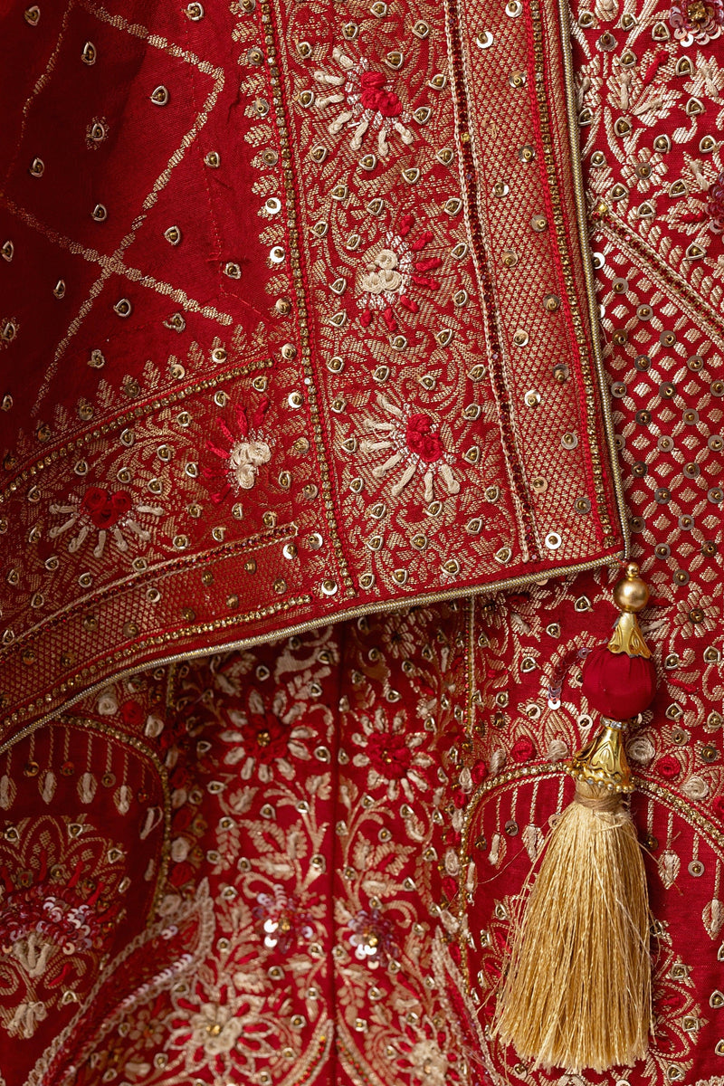 Red Banarasi Silk Lehenga Choli Set with Hand Embroidery-[bridal_lehenga]-Raas
