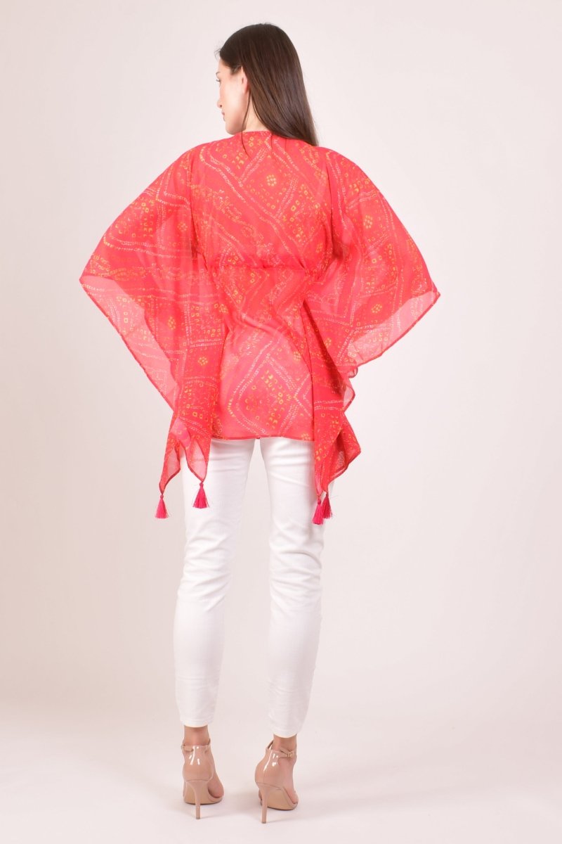 Red Bandhani Print Boho Kaftan Top with Mirror & Resham Embroidery KAFTAN RAAS